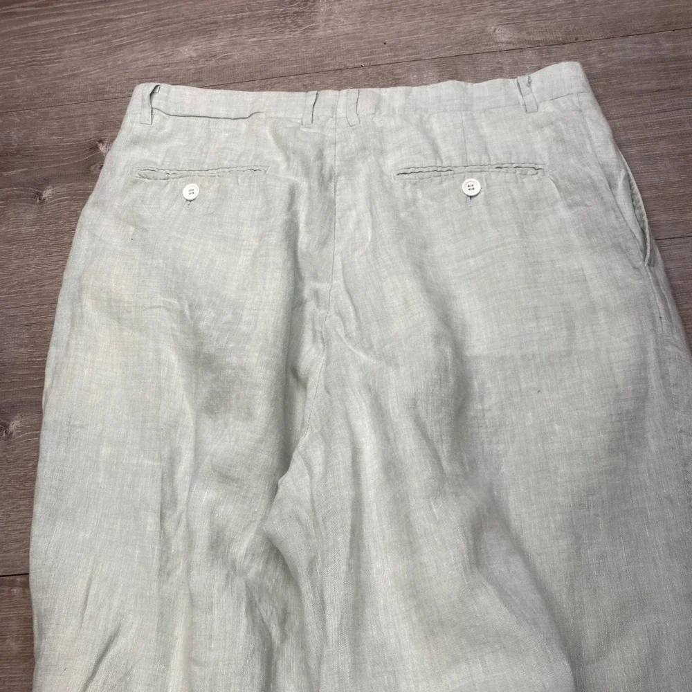 Inserch Dress Pants Mens 38x32 Green 100% Linen Pleated Cuffed Summer Beach